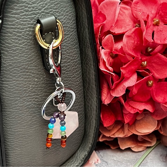 Natural Rose Quartz Hexagon Stone with Rainbow Chakra Keychain Charm - Picture 3 of 14